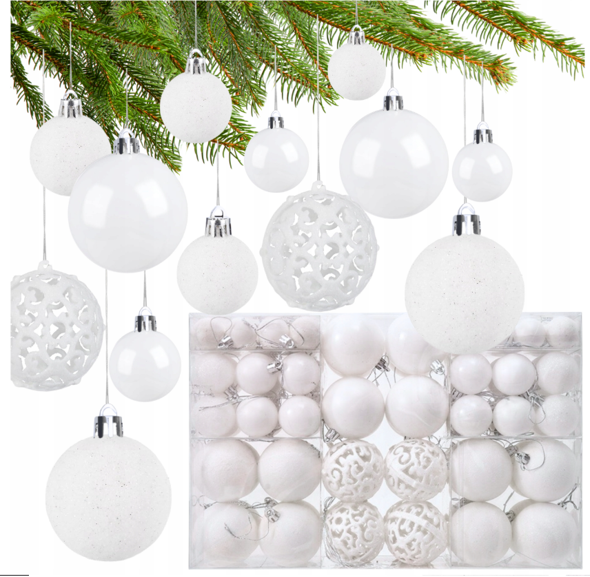 BOMBKI CHOINKOWE ZESTAW MIX WZORÓW ŚWIĄTECZNE BIAŁE WZORY XXL 100SZT