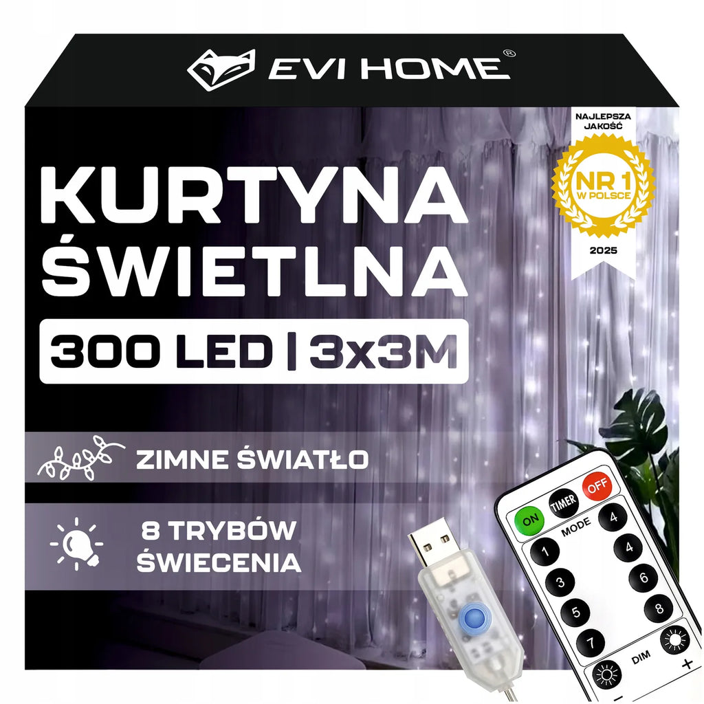 KURTYNA ŚWIETLNA LED 3x3 LAMPKI 300 Świąteczne Choinkowe GIRLANDA ZIMNE XXL
